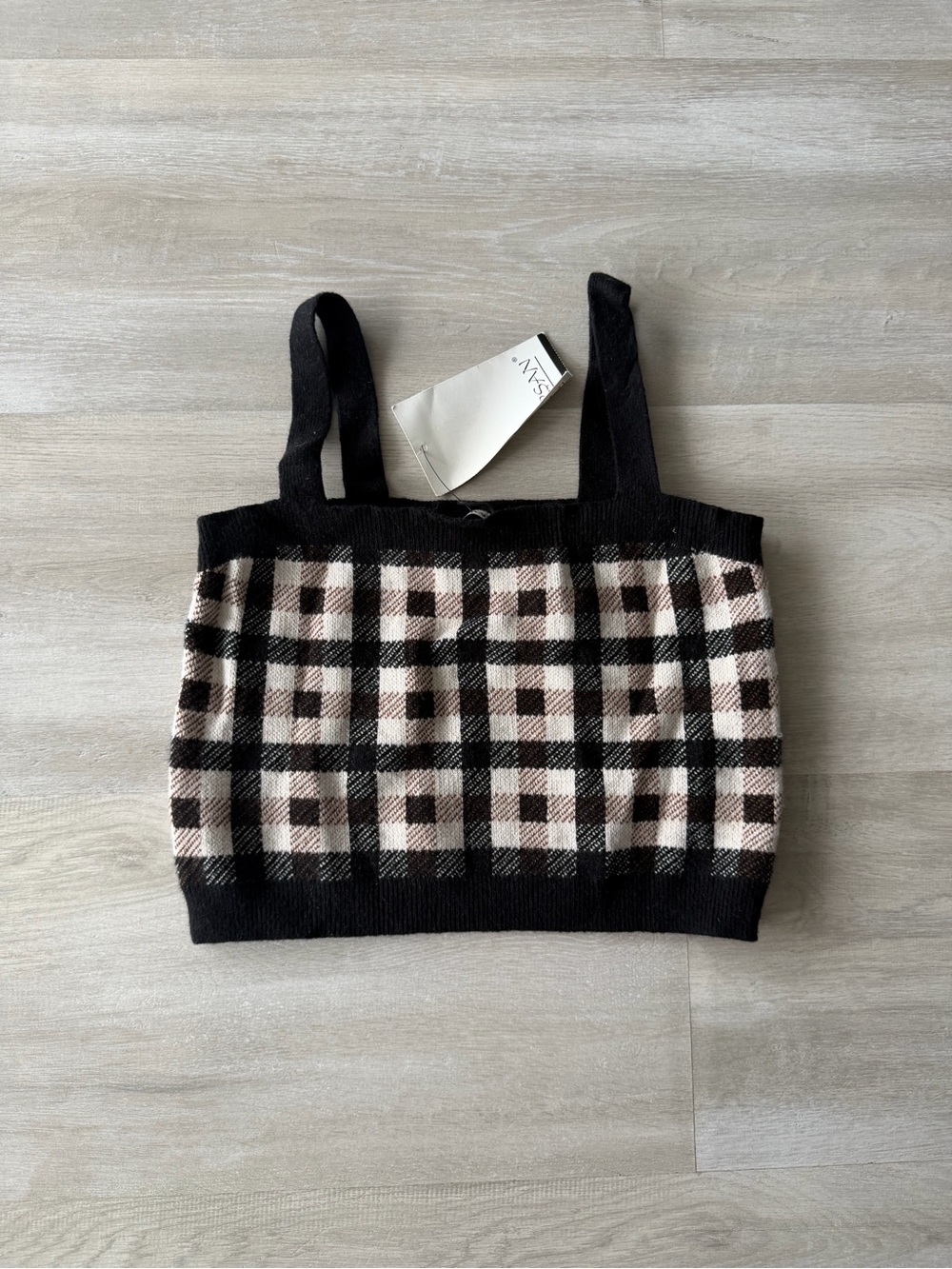 Knit Crop Tank Top Gingham/Checkered/Plaid Patterned - Black & Cream